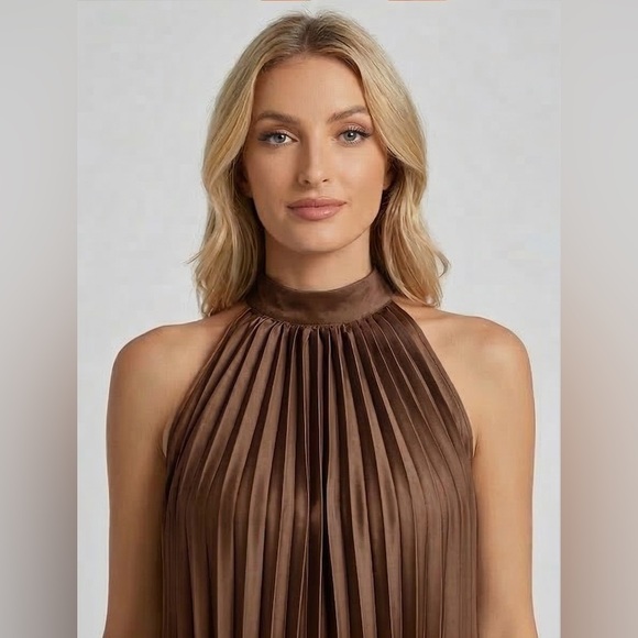 Tie Back Pleated Halter Dress Brown - Picture 2 of 5
